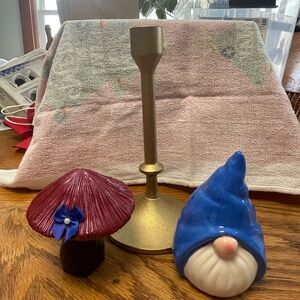 Gold Candle Holder and Blue Gnome Set
